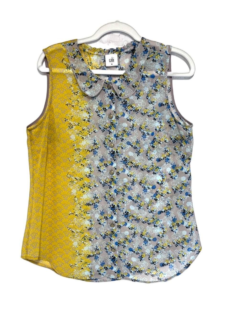 CAbi Yellow Gray Floral Button-Up Peter Pan Collar Sheer Sleeveless Blouse